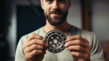 Skilled Machinist's Thoughtful Inspection of a Precision Engineering Componentの素材