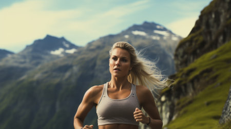 Athletic woman with long, blonde hair running through a scenic, mountainous landscape.の素材