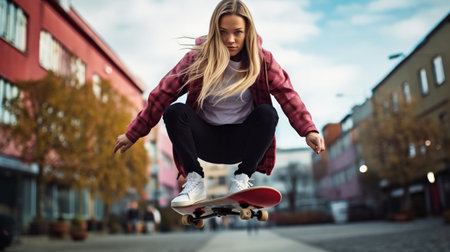 Blonde Woman Performing Skateboard Trick in Urban Setting.の素材