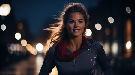 vibrant woman with windblown hair and a warm, inviting smile, exuding a sense of joy, positivity, and a spirited connection to her surroundingsの素材