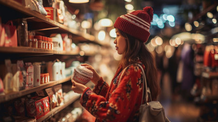 Young Woman Shopping for Holiday Treats in a Cozy, Festive Store.の素材