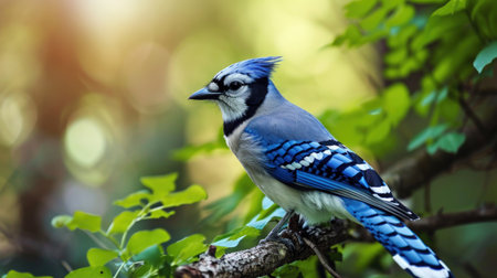 Vibrant Blue Jay Perched on a Branch in a Lush Forest.の素材