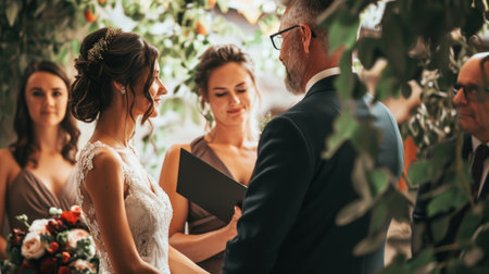 Bride and Groom Exchanging Vows During an Elegant Outdoor Wedding Ceremony.の素材
