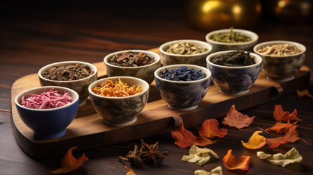 Artful Arrangement of Diverse Dried Herbs, Spices, and Tea Leaves.の素材