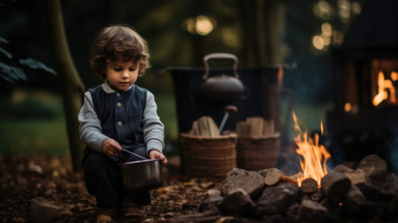 Thoughtful Child Enjoying the Outdoor Campfireの素材