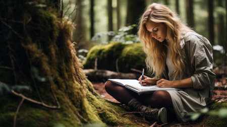 Beautiful young woman with long blonde hair writing in the forest.の素材
