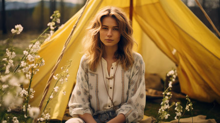 Portrait of a beautiful young woman sitting in front of a tentの素材