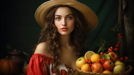 Beautiful young woman showcasing a straw hat and a basket of freshly picked fruits.の素材