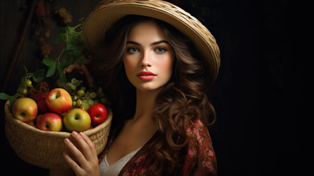 A stunning young woman posing with a straw hat and a basket of freshly picked fruits.の素材
