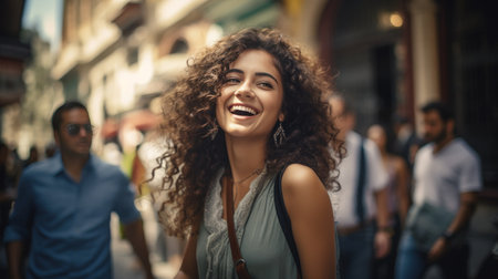 Exuberant woman with a warm, contagious smile as she navigates the lively city streets.の素材