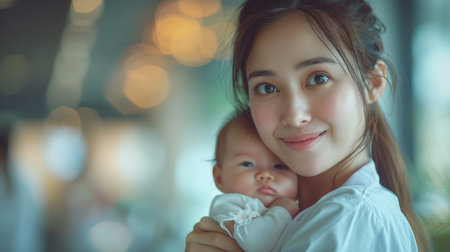 Young mother taking newborn baby to a pediatrician.の素材