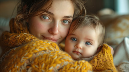 Young mother playing peekaboo with newborn baby.の素材