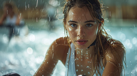 Woman participating in an aqua cycling class with stationary bikes submerged in the pool, water cycling workout.の素材