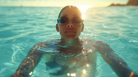 Woman swimming freestyle in a crystal-clear pool, early morning workout.の素材