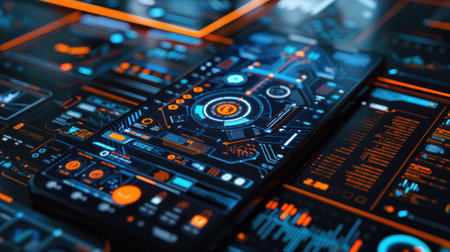 Mobile cryptocurrency mining app interface with futuristic graphics.の素材