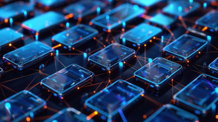 Illustration of a network of smartphones connected for cryptocurrency mining, futuristic and interconnected.の素材