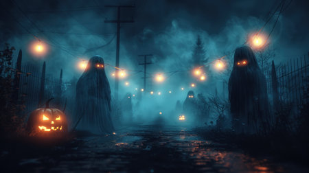 Spooky Halloween night background with ghostly figures and eerie mist.の素材