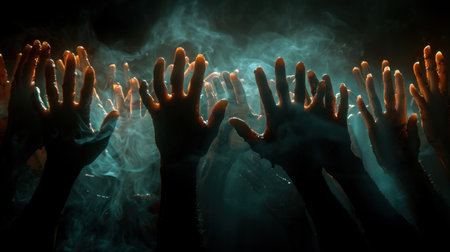 Dark Halloween background with ghostly hands and creepy shadows.の素材