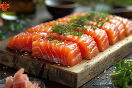 Close-up of fresh tuna sushi on a wooden board, with a minimalist Japanese backdrop including tatami mats and a sake bottle.の素材