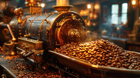 Whole coffee beans being roasted in an old-fashioned coffee roaster, with warm lighting.の素材