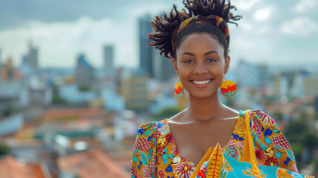 Woman in a floral dress holding a fabric shopper bag, smiling against a cityscape background.の素材