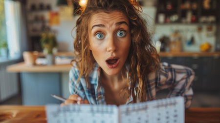 Woman looking at a calendar with a shocked expression, realizing she missed an important appointment after a night of drinkingの素材