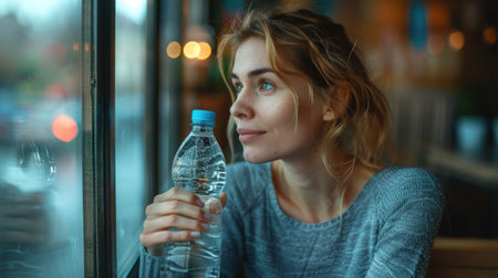 Woman holding a bottle of water and looking out the window with a thoughtful expression, reflecting on her night out.の素材