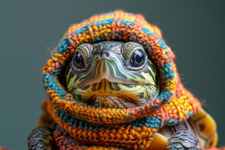 Turtle Meme: Turtle in an Unusual Costume on a Solid Background.の素材