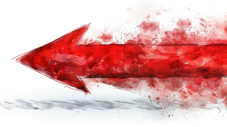 Red arrow, hand-drawn, on a clean white background.の素材