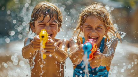 Two children aiming water guns at each other, with water splashing everywhere and excited expressions on their faces.の素材