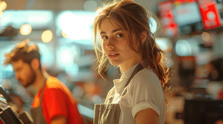 Two supermarket cashiers working, serving customers in line.の素材
