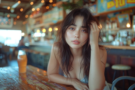 Asian woman with long hair leans on a chair, in the style of social media portraiture, earthcore, coastal scenesの素材