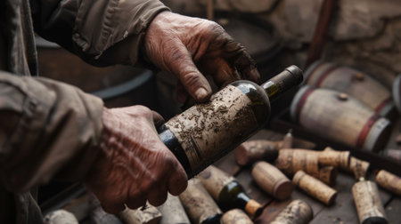 A person's hands, covered in dirt, hold a wine bottle with a worn label.の素材
