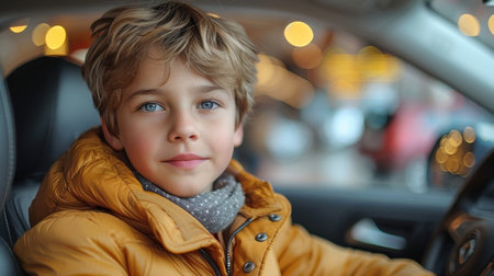 A boy customer sitting inside a car and testing the steering wheel in an auto showroom.の素材