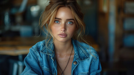 A fashion shoot of a model in an oversized denim jacket and high-waisted jeans, posing in an industrial loft.の素材