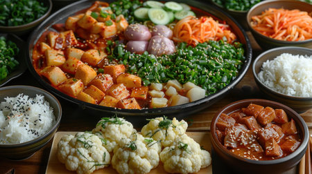 A family enjoying a hot pot meal with a variety of fresh ingredientsの素材