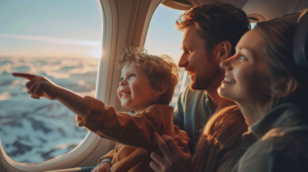 A family on an airplane, with the child pointing out the window and parents smiling, experiencing their first flight together.の素材