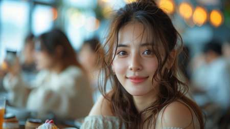 A group of stylish Korean girlfriends laughing together at a table filled with colorful desserts in a trendy cafe.の素材