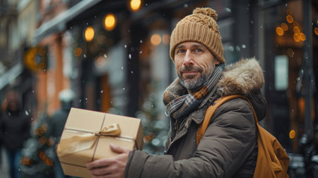 A delivery driver handing over a package to a customer in front of a cafe.の素材