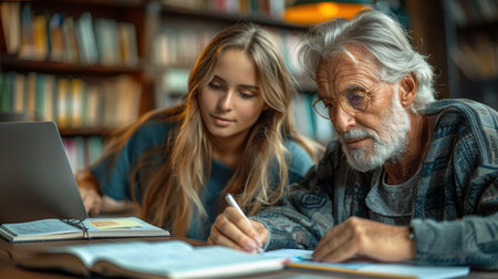 A German language teacher sitting at a desk, helping a student with their German homework, surrounded by textbooks and learning materials.の素材