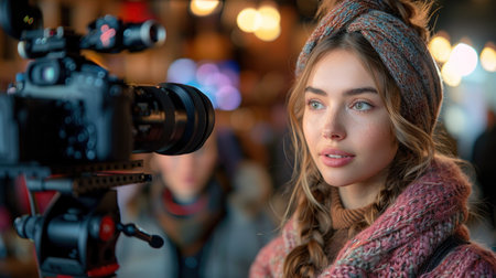 Charming girl with perfect makeup answering questions on cameraの素材