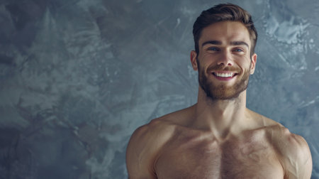 Young beautiful person with defined muscles in front of a wallの素材