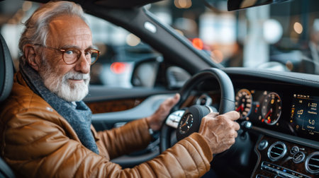 Older gentleman selecting a sports car in the showroomの素材