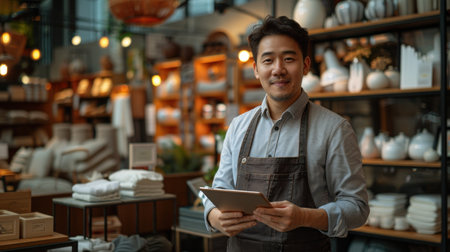 Asian supply manager checking inventory in the store with invoices.の素材