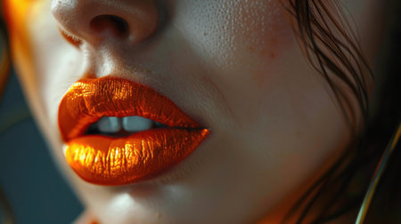 Beautiful woman with bright red lipstick. Close up of female lips.の素材