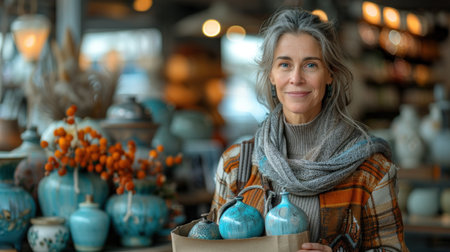 Smiling mature woman with Christmas decoration in a pottery shop.の素材
