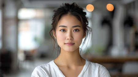 Portrait of an Asian girl with long hairstyle in a white shirt in a modern officeの素材