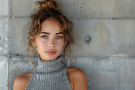 Portrait of a beautiful girl in a gray sweater on a gray backgroundの素材