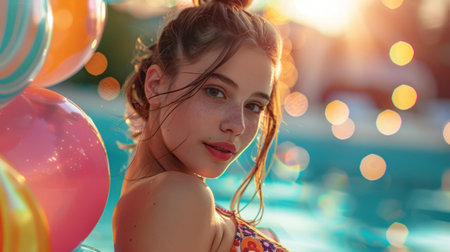 Beautiful young woman in the swimming pool at sunset. Vacation concept.の素材