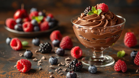 Satisfying keto chocolate avocado mousse dessert, garnished with fresh berries and presented in a sleek glass.の素材